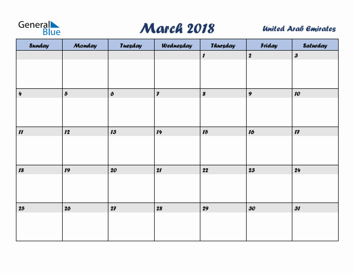 March 2018 Calendar with Holidays in United Arab Emirates