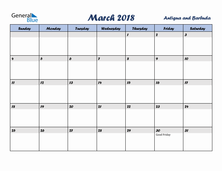 March 2018 Calendar with Holidays in Antigua and Barbuda
