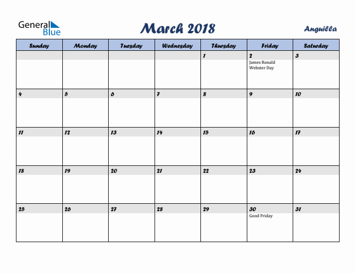 March 2018 Calendar with Holidays in Anguilla