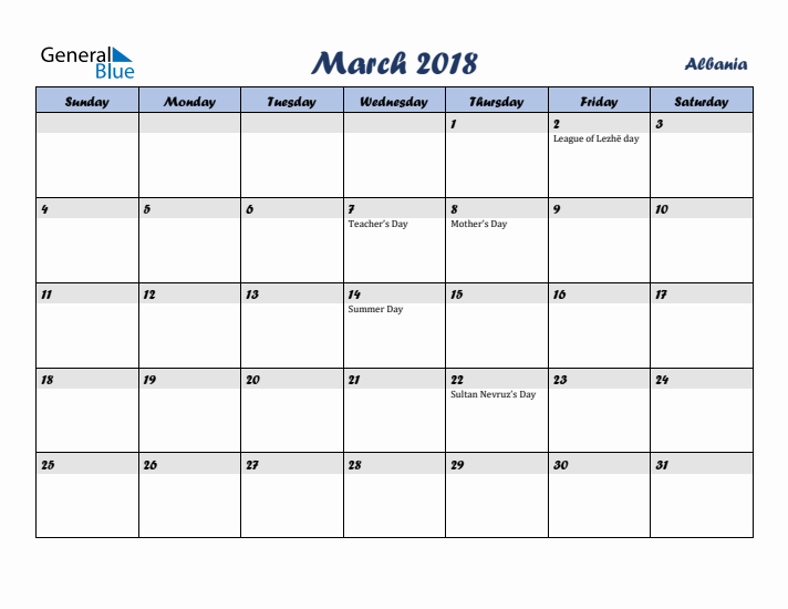 March 2018 Calendar with Holidays in Albania