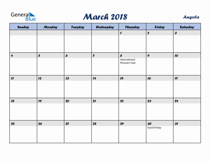 March 2018 Calendar with Holidays in Angola