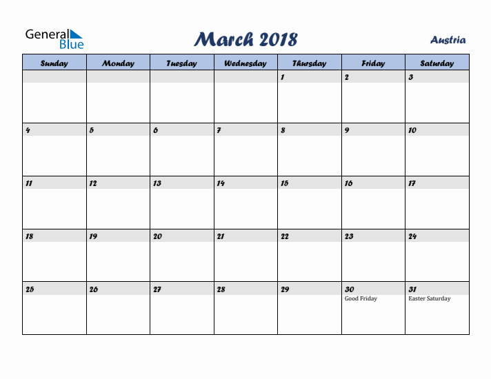 March 2018 Calendar with Holidays in Austria