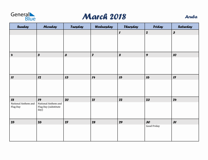 March 2018 Calendar with Holidays in Aruba