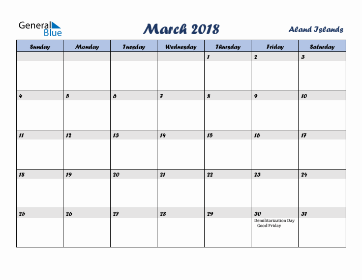 March 2018 Calendar with Holidays in Aland Islands