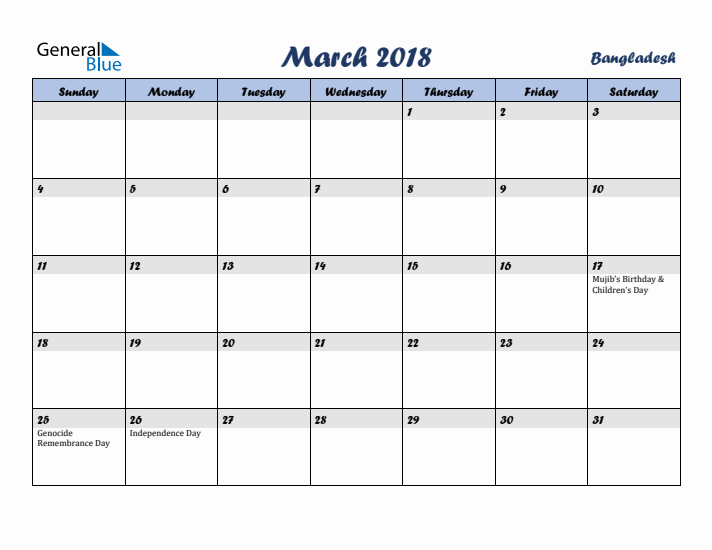 March 2018 Calendar with Holidays in Bangladesh