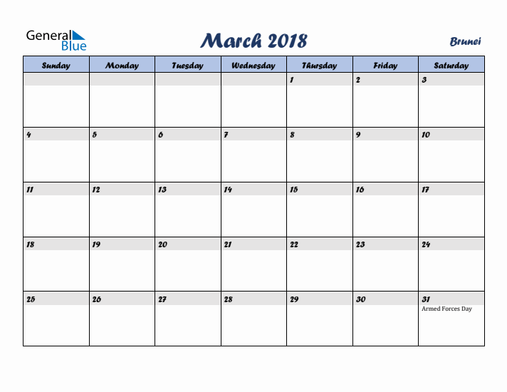March 2018 Calendar with Holidays in Brunei