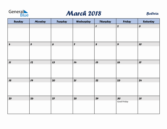 March 2018 Calendar with Holidays in Bolivia