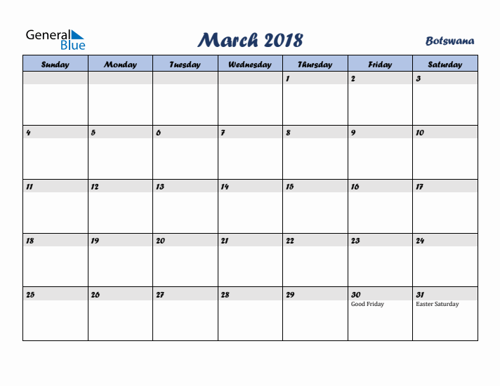 March 2018 Calendar with Holidays in Botswana