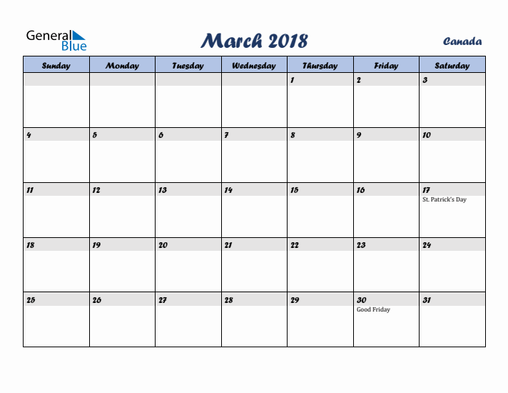 March 2018 Calendar with Holidays in Canada