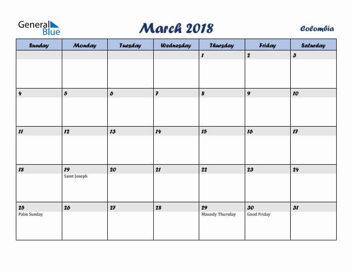 March 2018 Calendar with Holidays in Colombia