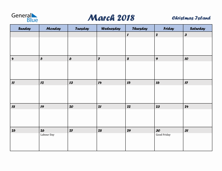 March 2018 Calendar with Holidays in Christmas Island