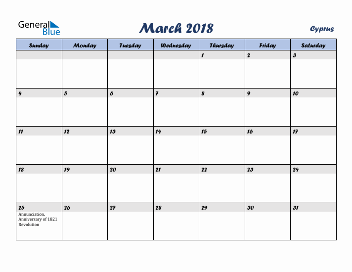 March 2018 Calendar with Holidays in Cyprus
