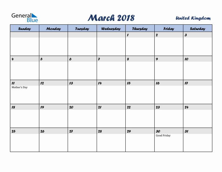 March 2018 Calendar with Holidays in United Kingdom