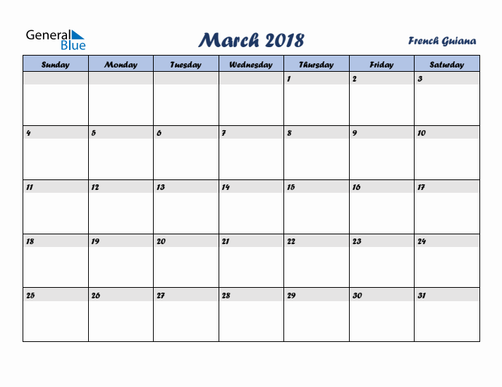 March 2018 Calendar with Holidays in French Guiana