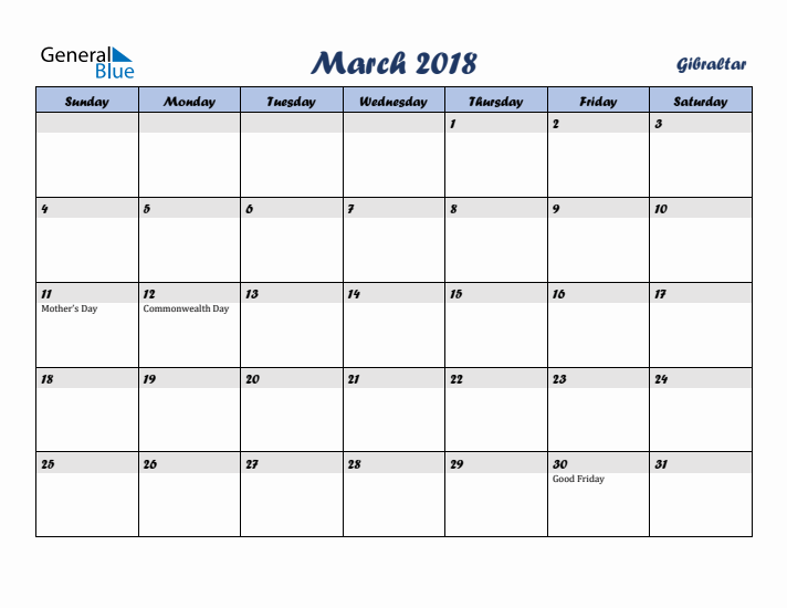 March 2018 Calendar with Holidays in Gibraltar