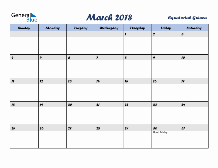 March 2018 Calendar with Holidays in Equatorial Guinea