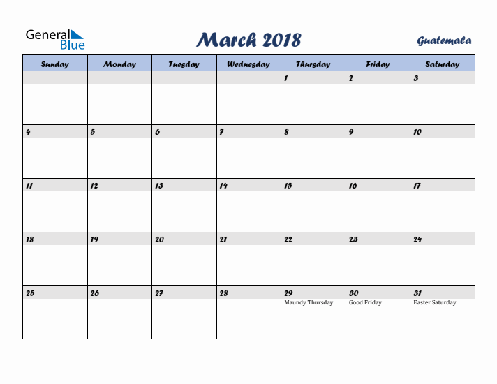 March 2018 Calendar with Holidays in Guatemala