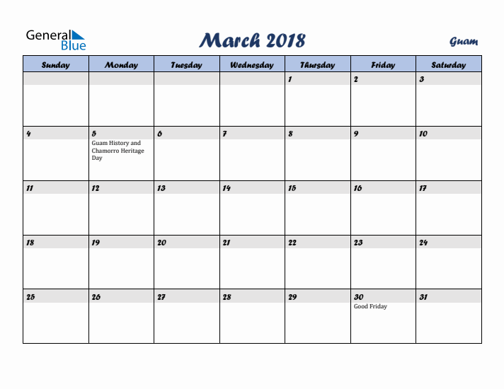 March 2018 Calendar with Holidays in Guam
