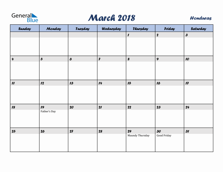 March 2018 Calendar with Holidays in Honduras