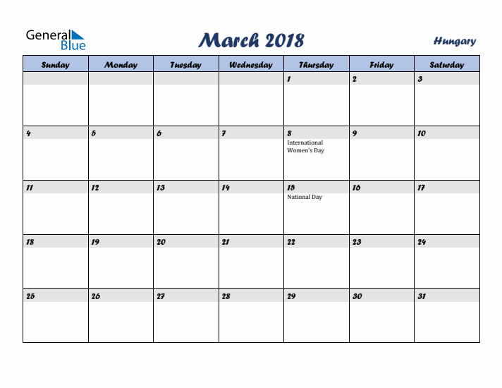 March 2018 Calendar with Holidays in Hungary