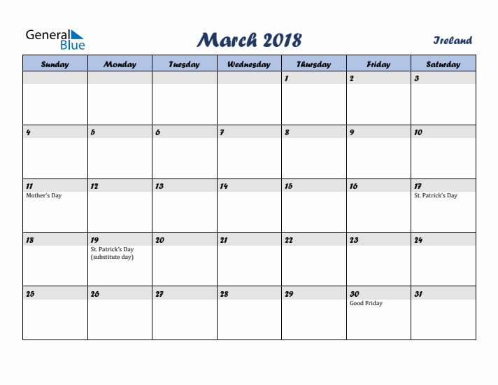 March 2018 Calendar with Holidays in Ireland