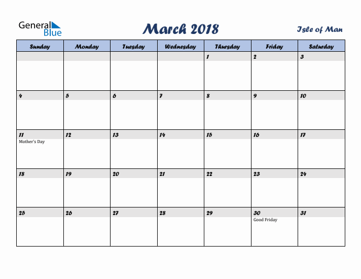 March 2018 Calendar with Holidays in Isle of Man
