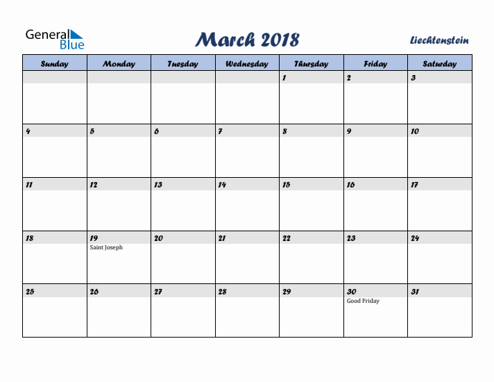 March 2018 Calendar with Holidays in Liechtenstein