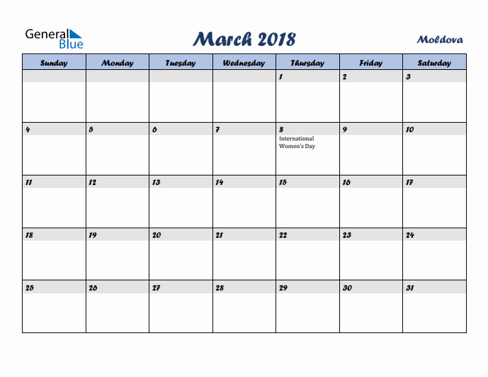 March 2018 Calendar with Holidays in Moldova