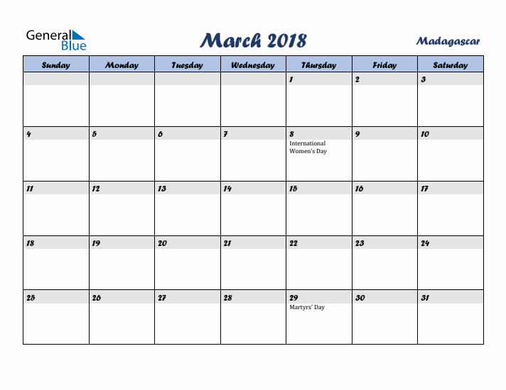 March 2018 Calendar with Holidays in Madagascar
