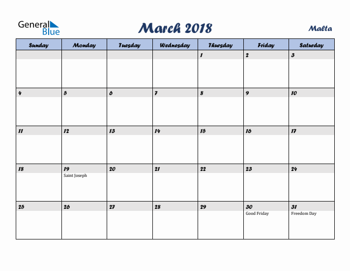 March 2018 Calendar with Holidays in Malta