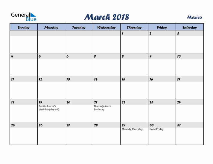 March 2018 Calendar with Holidays in Mexico