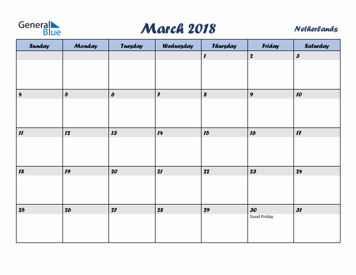 March 2018 Calendar with Holidays in The Netherlands