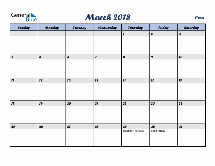 March 2018 Calendar with Holidays in Peru