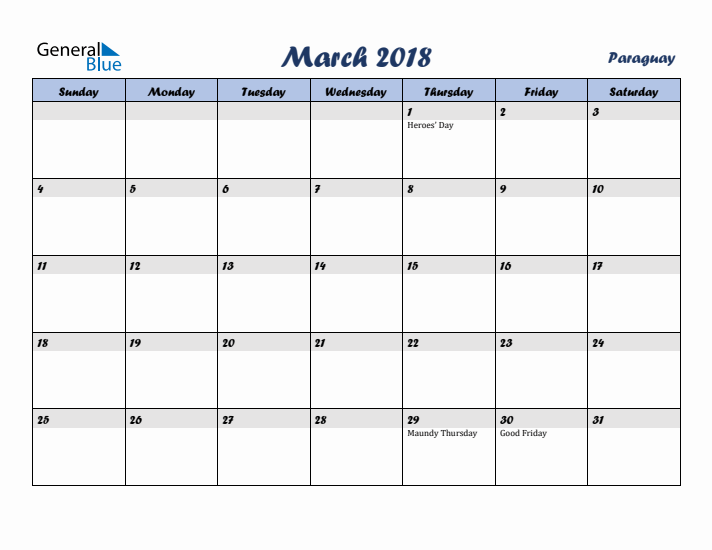 March 2018 Calendar with Holidays in Paraguay