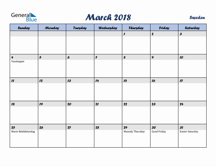 March 2018 Calendar with Holidays in Sweden