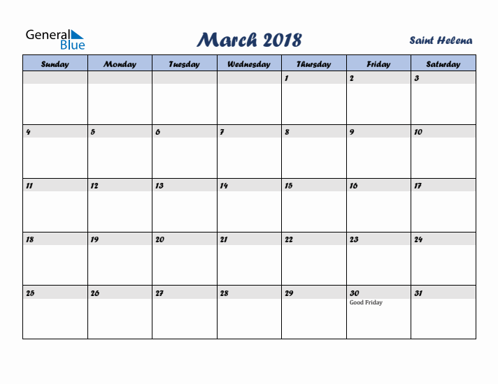 March 2018 Calendar with Holidays in Saint Helena