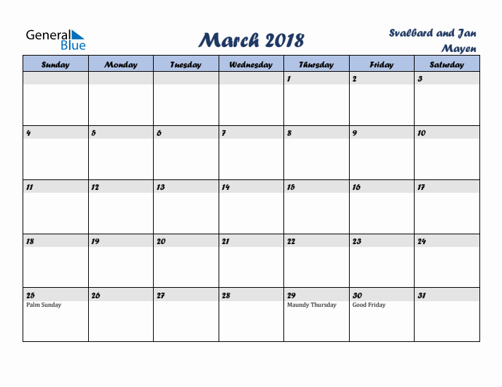 March 2018 Calendar with Holidays in Svalbard and Jan Mayen