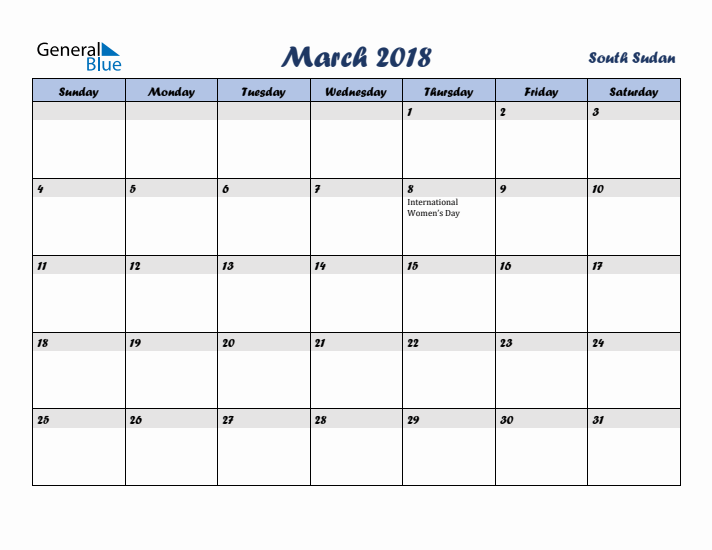 March 2018 Calendar with Holidays in South Sudan