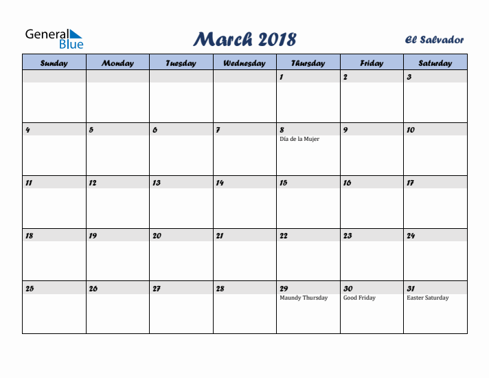 March 2018 Calendar with Holidays in El Salvador