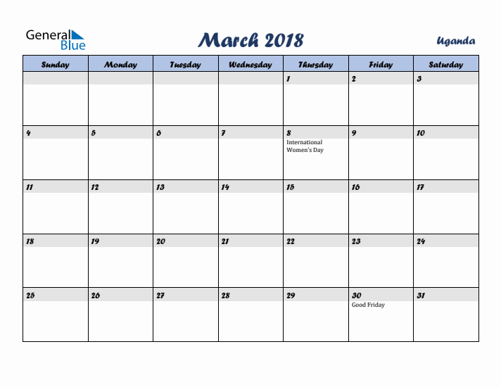 March 2018 Calendar with Holidays in Uganda
