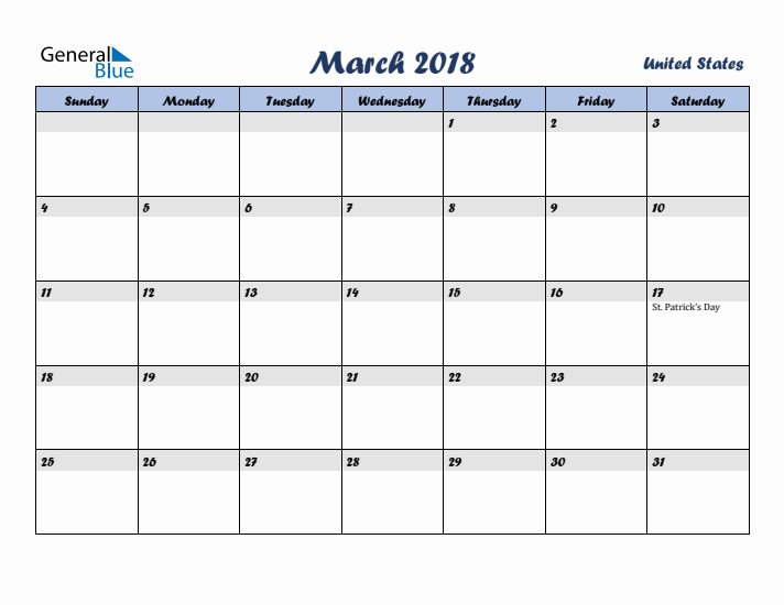 March 2018 Calendar with Holidays in United States