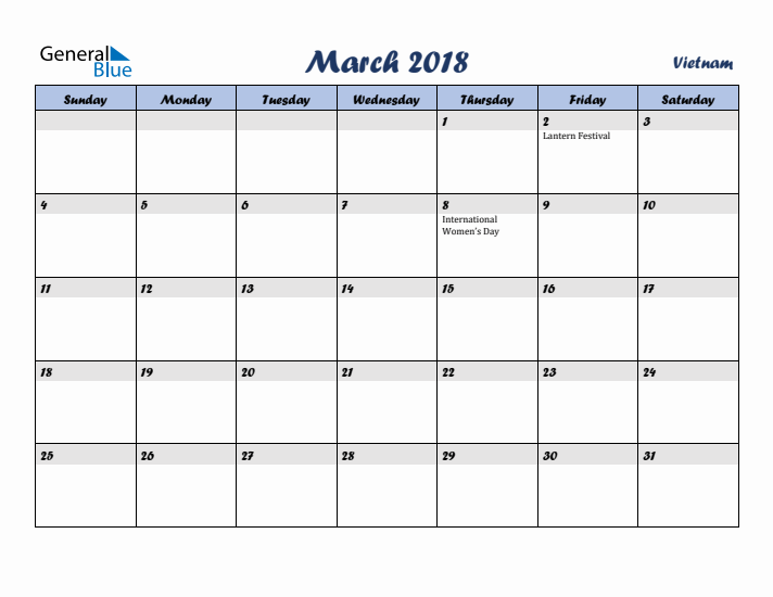 March 2018 Calendar with Holidays in Vietnam