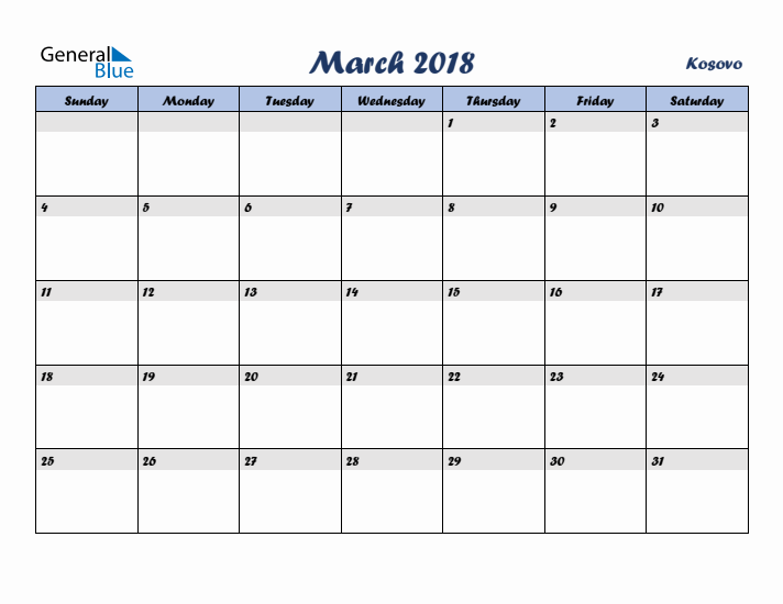 March 2018 Calendar with Holidays in Kosovo