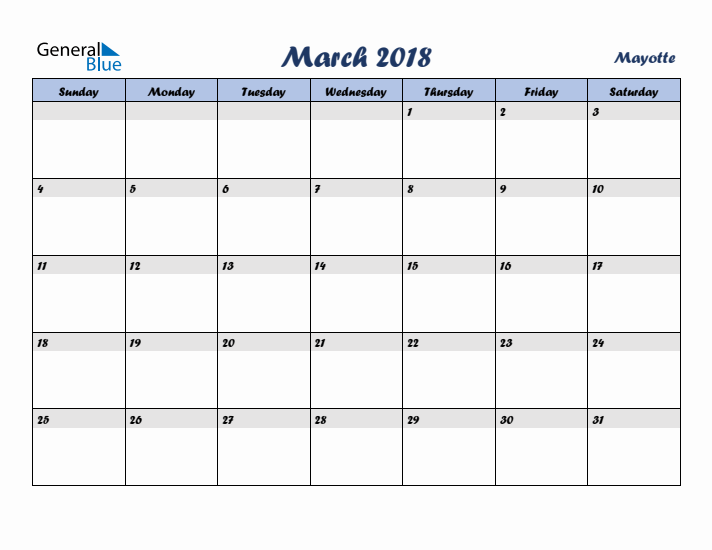 March 2018 Calendar with Holidays in Mayotte