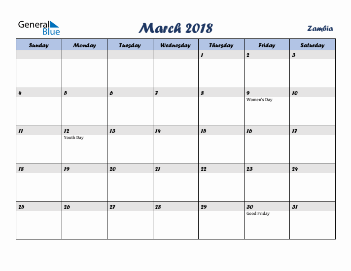 March 2018 Calendar with Holidays in Zambia