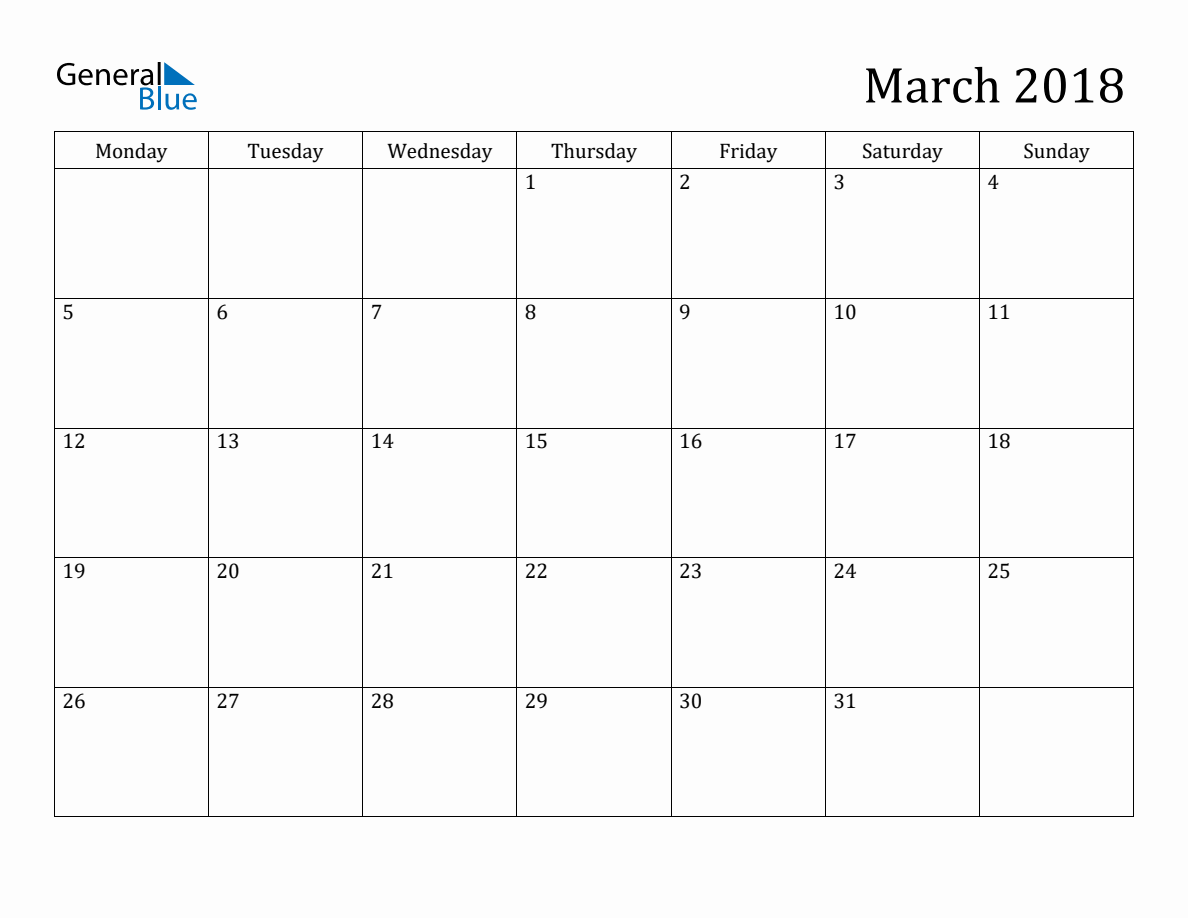 March 2018 Monthly Calendar