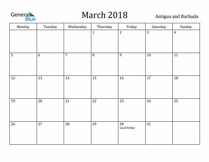 March 2018 Calendar Antigua and Barbuda