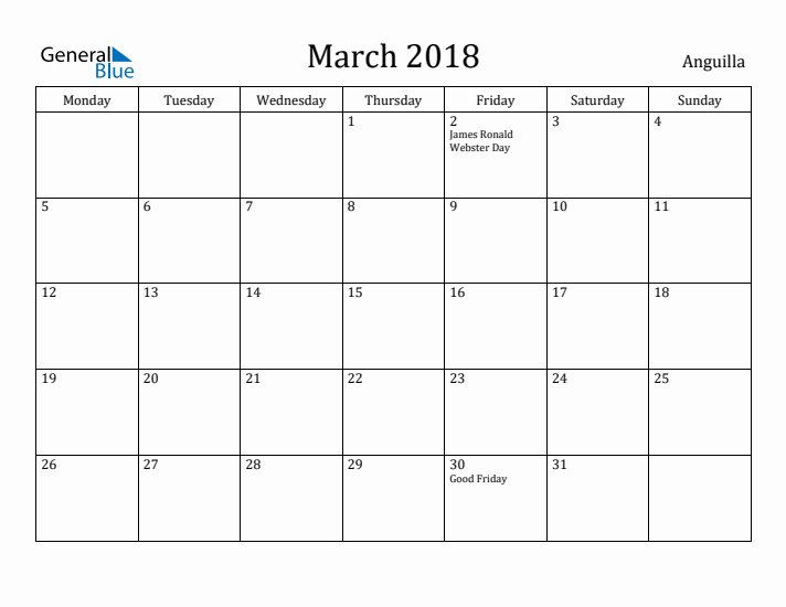 March 2018 Calendar Anguilla