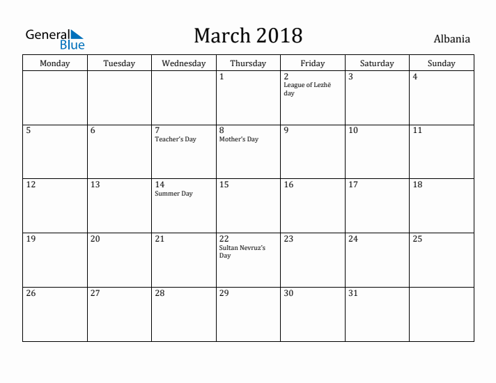 March 2018 Calendar Albania