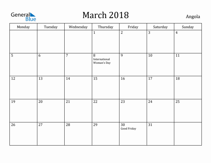 March 2018 Calendar Angola